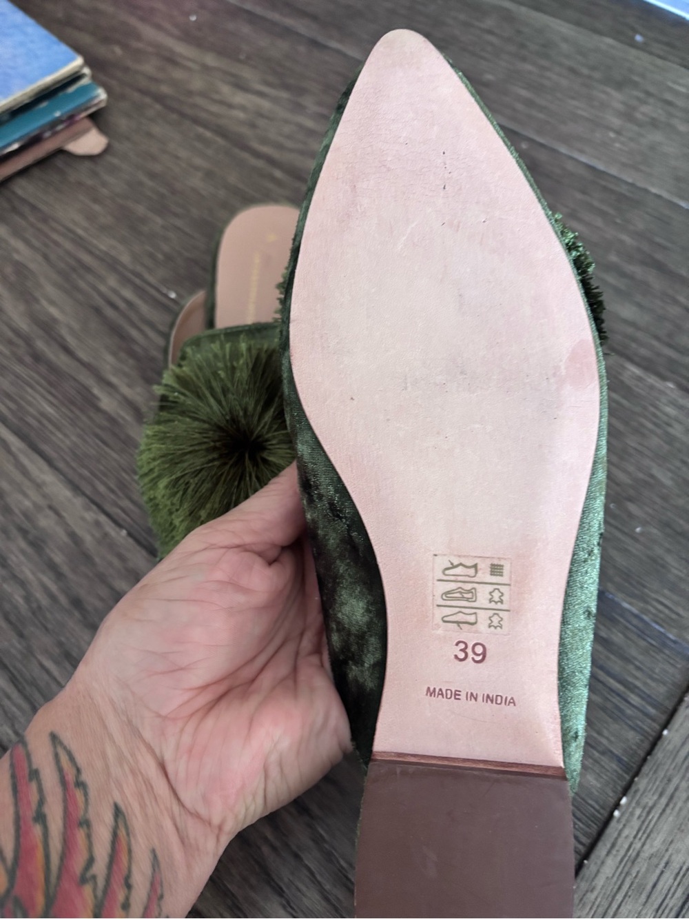 Anthropologie Olive Green Velvet Pom-Pom Pointed Toe Flats - Picture 2 of 4